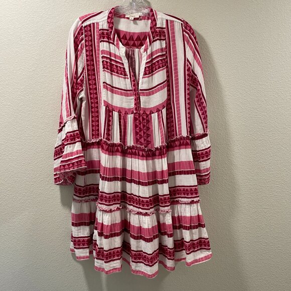 ELAN Peasant/Baby Doll Tiered Mini Dress 3/4 Tier Sleeve "Aztec" White/Burg - M - Picture 1 of 8